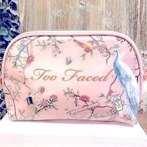 🌷Brand New Too Faced Pink Peacock Floral Makeup & Makeup Brush Bag